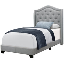 Load image into Gallery viewer, Bed, Frame, Platform, Teen, Bedroom, Upholstered, Twin Size, Velvet Fabric, Wood Legs, Grey, Black, Classic, Contemporary, Modern
