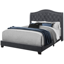 Charger l&#39;image dans la galerie, Bed, Frame, Platform, Bedroom, Queen Size, Upholstered, Velvet Fabric, Wood Legs, Dark Grey, Black, Classic, Contemporary, Modern
