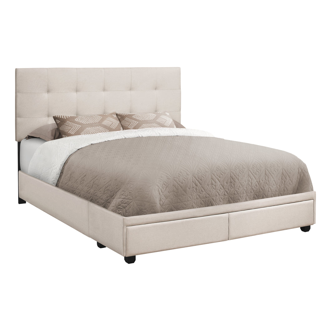 Bed, Frame, Platform, Bedroom, Queen Size, Upholstered, Linen Look Fabric, Wood Legs, Beige, Black, Contemporary, Modern