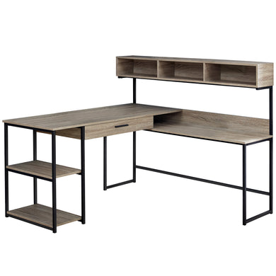 Computer Desk, Home Office, Corner, Storage Drawers, L Shape, Metal, Laminate, Dark Taupe, Black, Contemporary, Modern