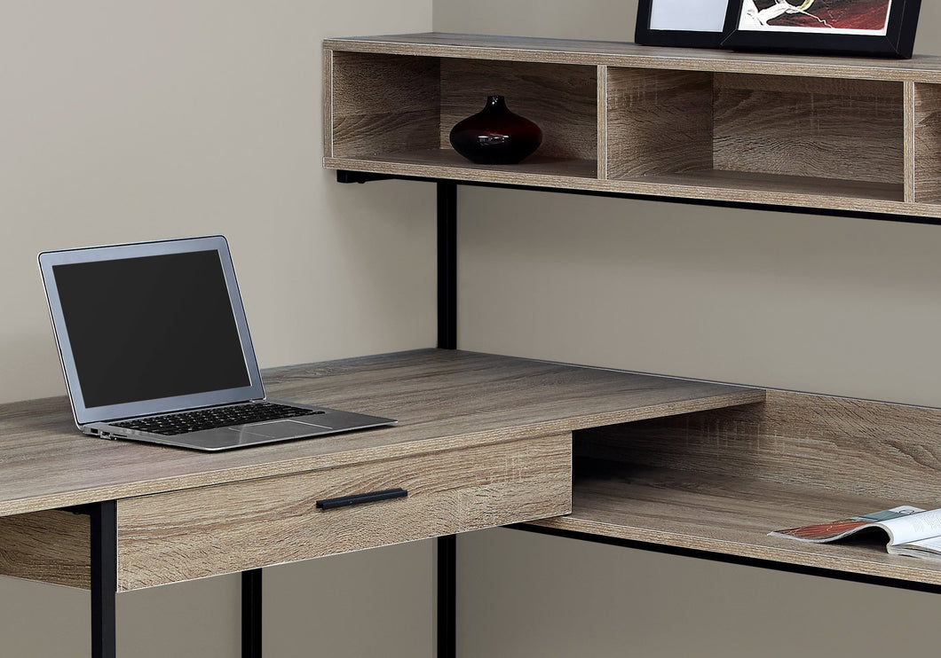 Computer Desk, Home Office, Corner, Storage Drawers, L Shape, Metal, Laminate, Dark Taupe, Black, Contemporary, Modern