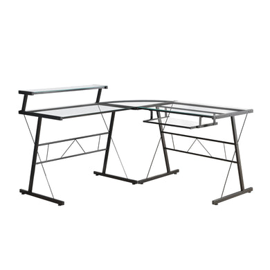 Computer Desk, Home Office, Corner, Tempered Glass, L Shape, Metal, Tempered Glass, Black, Clear, Contemporary, Modern