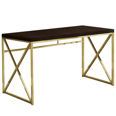 Computer Desk, Home Office, Laptop, Storage Drawers, Metal, Laminate, Dark Brown, Gold, Contemporary, Modern