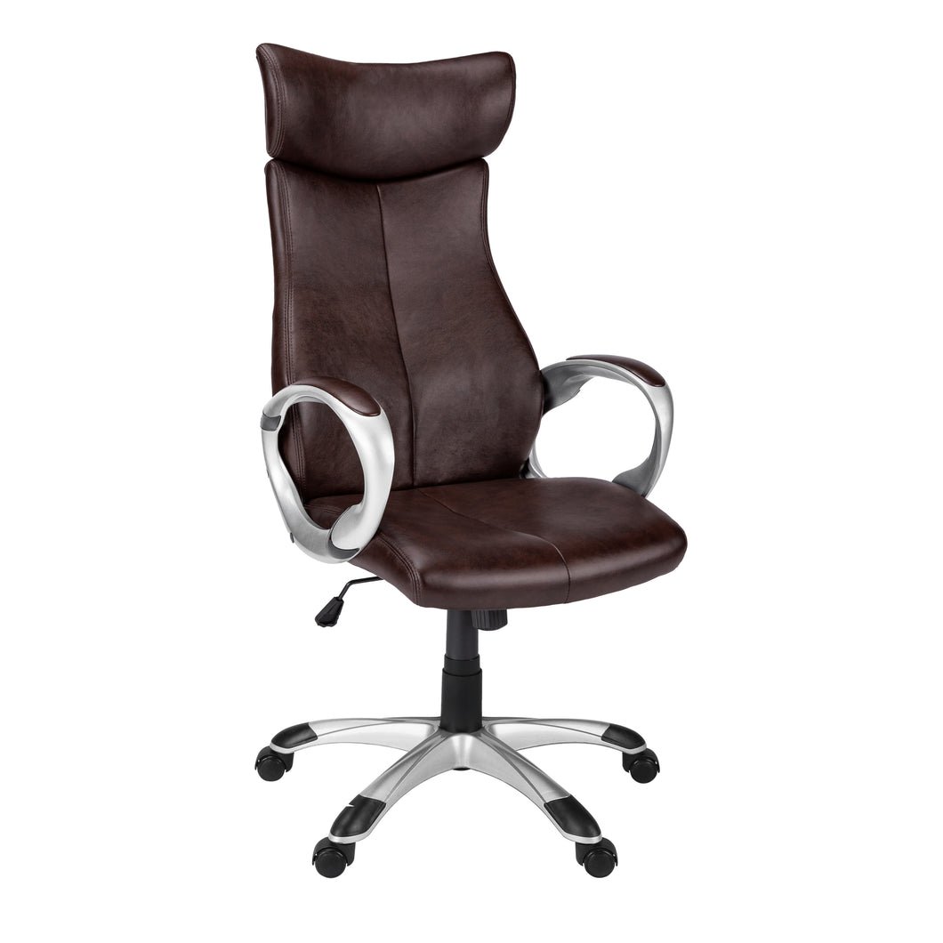 Office Chair, Adjustable Height, Swivel, Ergonomic, Armrests, Computer Desk, Office, Metal Base, Leather Look, Dark Brown, Silver, Contemporary, Modern