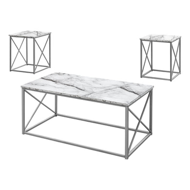 Table Set - 3Pcs Set / White Marble / Silver Metal