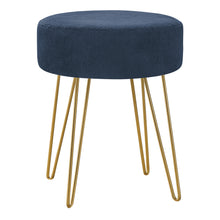 Charger l&#39;image dans la galerie, Ottoman, Pouf, Footrest, Foot Stool, 14&quot; Round, Fabric, Metal Legs, Blue, Gold, Contemporary, Modern
